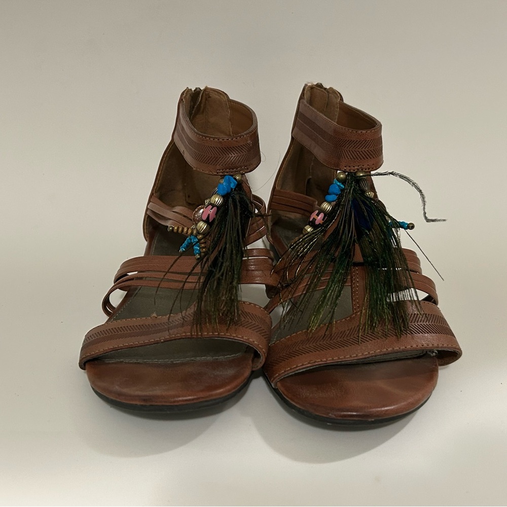 Brown Sandals with Beaded Accents and peacock feather detail